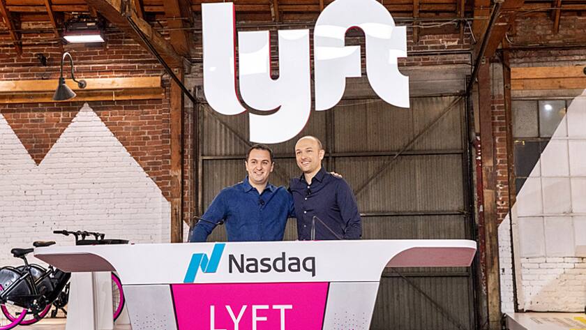 Die beiden Lyft-Gründer beim IPO an der Nasdaq: Präsident John Zimmer (links) und CEO Logan Green (29.3.2019).