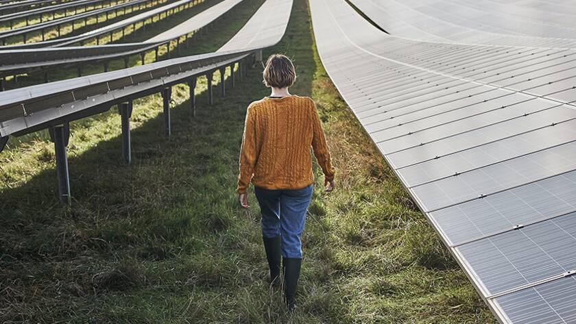 Young female farmer walking away from camera, between solar panels on her solar farm