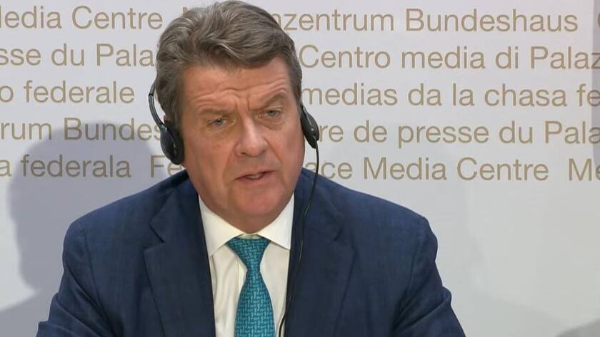 UBS-Verwaltungsratspräsident Colm Kelleher an der Medienkonferenz des Bundesrates zur Rettung der Credit Suisse am 19. März 2023 in Bern.