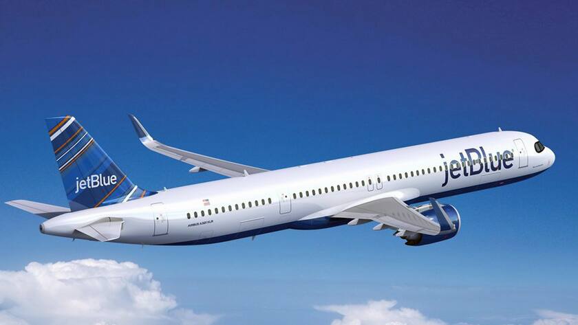Zeichnung eines A321-XLR-Langstreckenjets in den Farben der US-Airline Jet Blue.