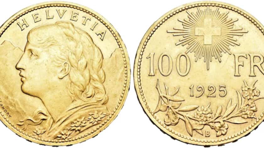 Sechs Exemplare des 100-Franken-Goldvrenelis werden im Jubiläumsjahr 2025 versteigert.