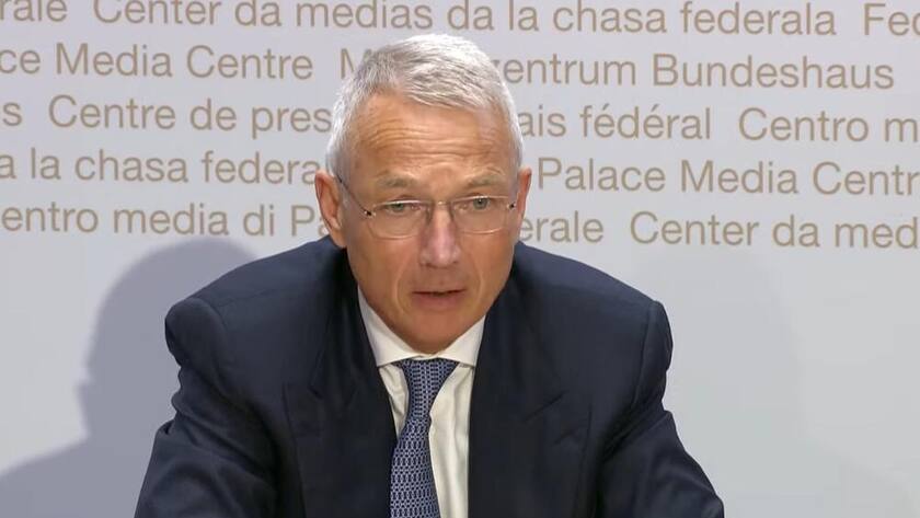 Credit-Suisse-Verwaltungsratspräsident Axel Lehmann an der Medienkonferenz des Bundesrates zur Rettung der Bank am 19. März 2023 in Bern.