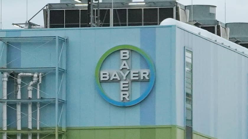 Logo von Bayer beim Werk in Schweizerhalle bei Basel.