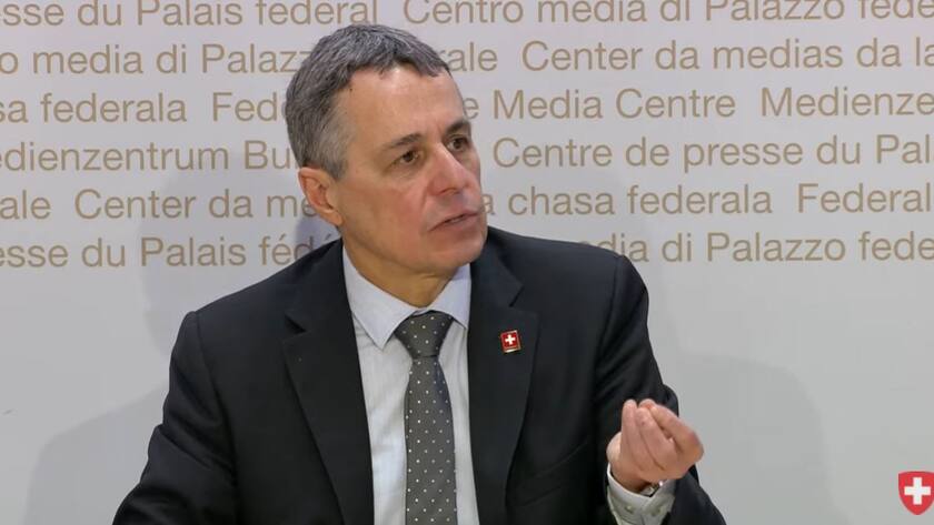 Bundespräsident Ignazio Cassis an einem Medienauftritt in Bern am 16. Februar 2022.