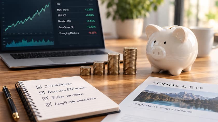 Geld in Fonds und ETF anlegen - Tipps und Tricks für Anfänger Laptop mit ETF-Kursübersicht, Münzstapel, Sparschwein und Checkliste zur langfristigen Geldanlage.