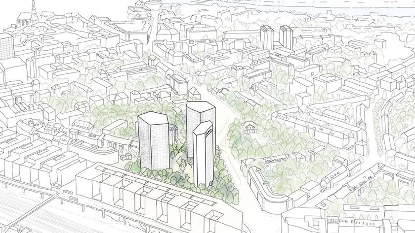 Das Basler Lindenhofareal mit dem denkmalgeschützten Lonza-Hochhaus.