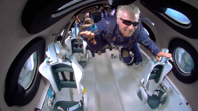 Richard Branson an Bord der VSS Unity von Virgin Galactic am 11. Juli 2021. Der erste Testflug mit einer kompletten Crew.