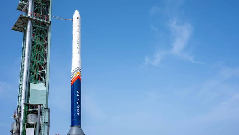 Die indische Trägerrakete Vikram-1 vor dem Start zum ersten Flug am 18. Juli 2026.