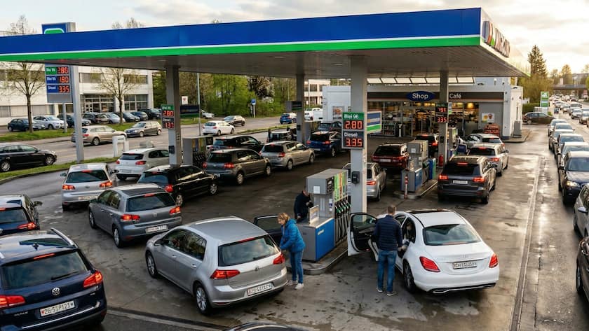 Weitwinkelaufnahme einer modernen Tankstelle bei bewölktem Himmel. Lange Autoschlangen stehen an den Zapfsäulen an. Die digitalen Preisanzeigen zeigen deutlich 2.80 für Bleifrei und 3.35 für Diesel.