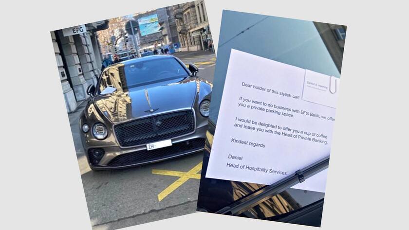 Einladung zum Kundengespräch: Notiz am falsch parkierten Bentley
