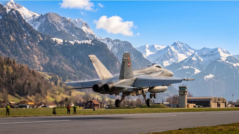 F/A 18 Schweizer Luftwaffe beim Start in den Schweizer Bergen