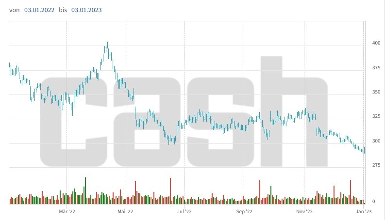 Kursentwicklung der Genussscheine von Roche über die letzten 12 Monate.