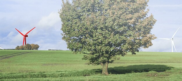 Windräder hinter einem Baum