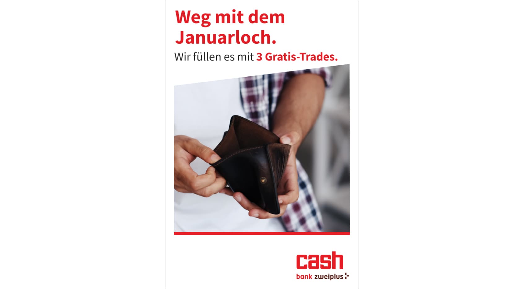 Abbildung einer Brieftasche als Werbemittel für die Januar 2026-Kampagne zu Online-Trading und Kontoeröffnung.