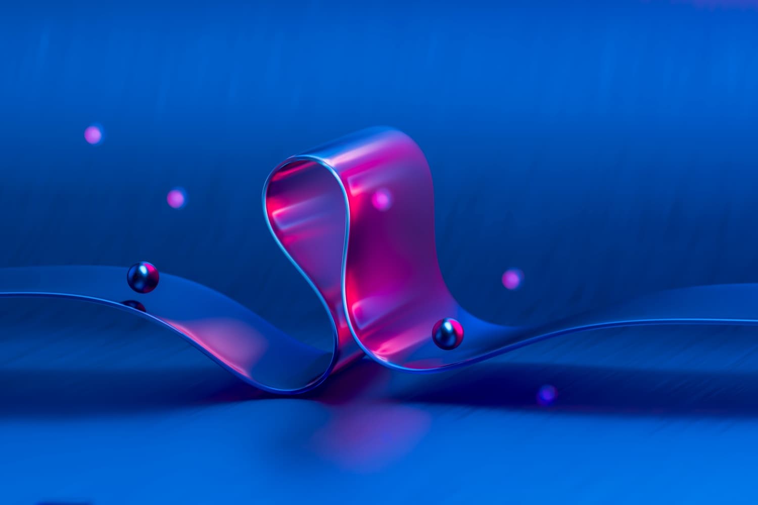 Abstract 3D composition with a glass ribbon and spheres in neon colors