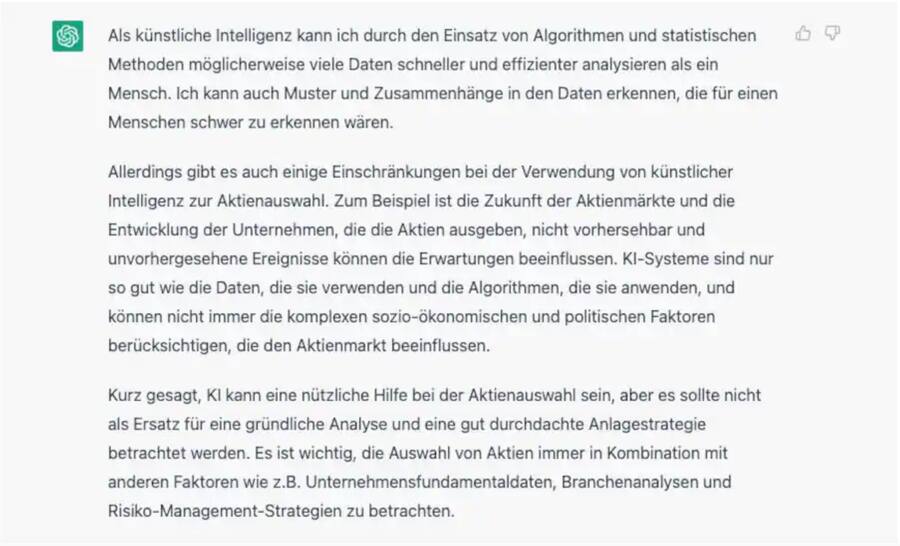 Die Antwort von Chat GPT auf die Frage, ob er besser Aktien auswählen kann als ein Mensch.