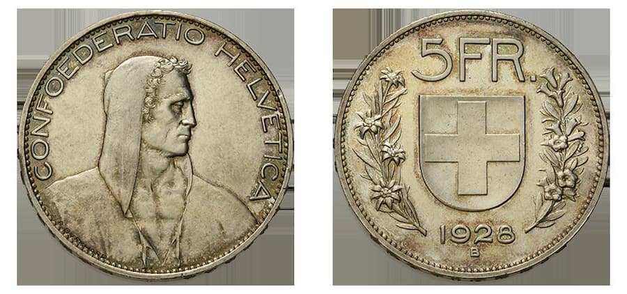 5-Franken-Stück aus dem Jahr 1928.