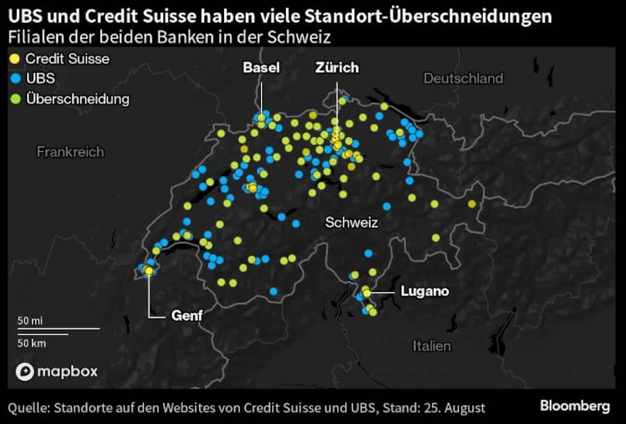 UBS und Credit Suisse haben viele Standort-Überschneidungen.