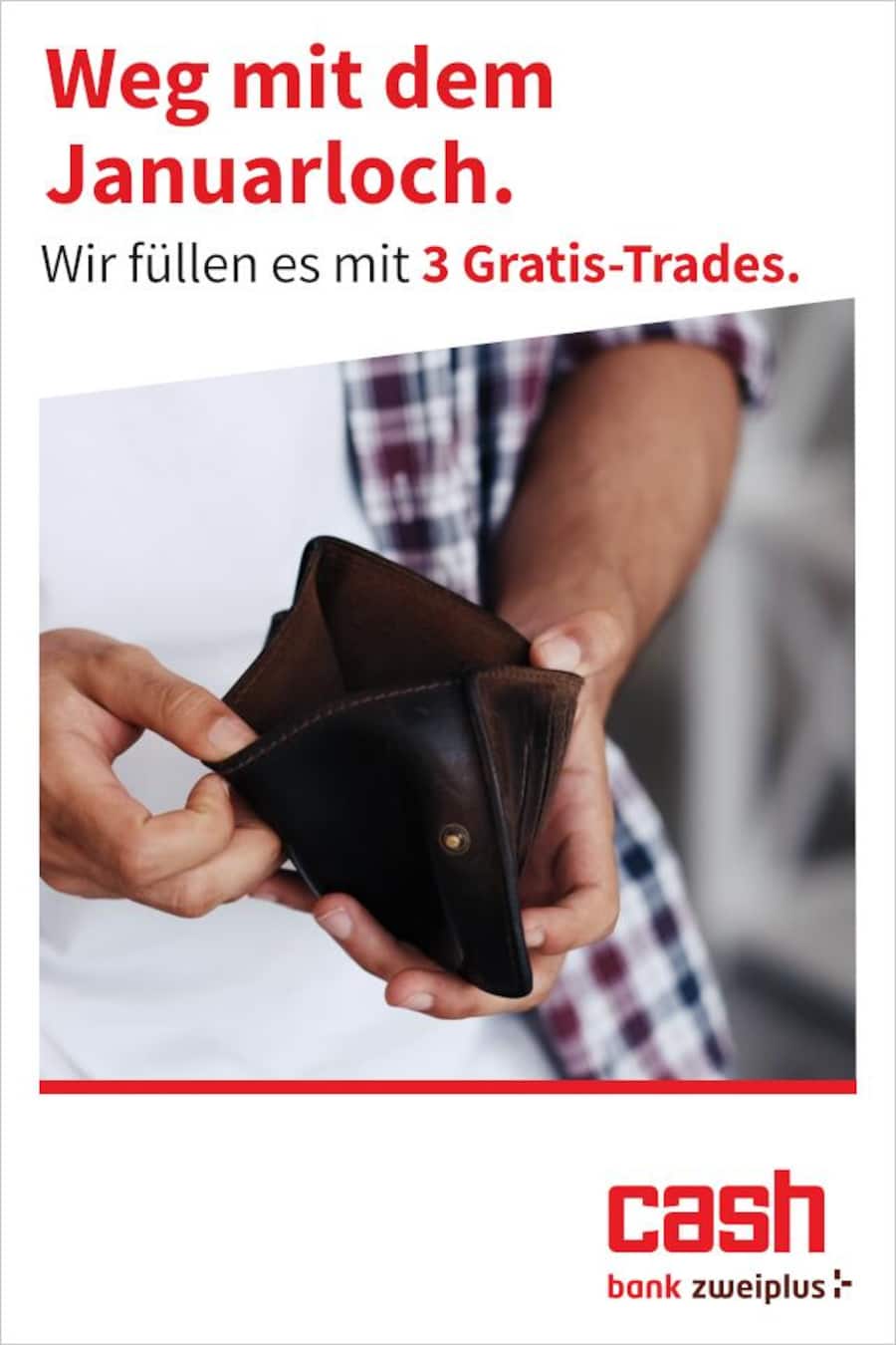 Abbildung einer Brieftasche als Werbemittel für die Januar 2026-Kampagne zu Online-Trading und Kontoeröffnung.