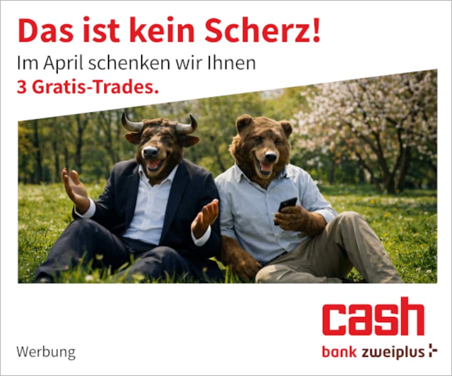 Ein Bär und ein Stier sitzen auf einer Frühlingswiese und lachen